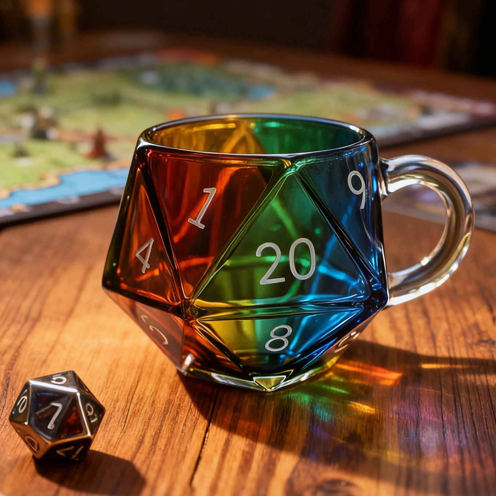 Rainbow D20 Dice Mug - Vibrant Polyhedral Coffee Cup for RPG Game Nights, Unique Gift for Fantasy Lovers