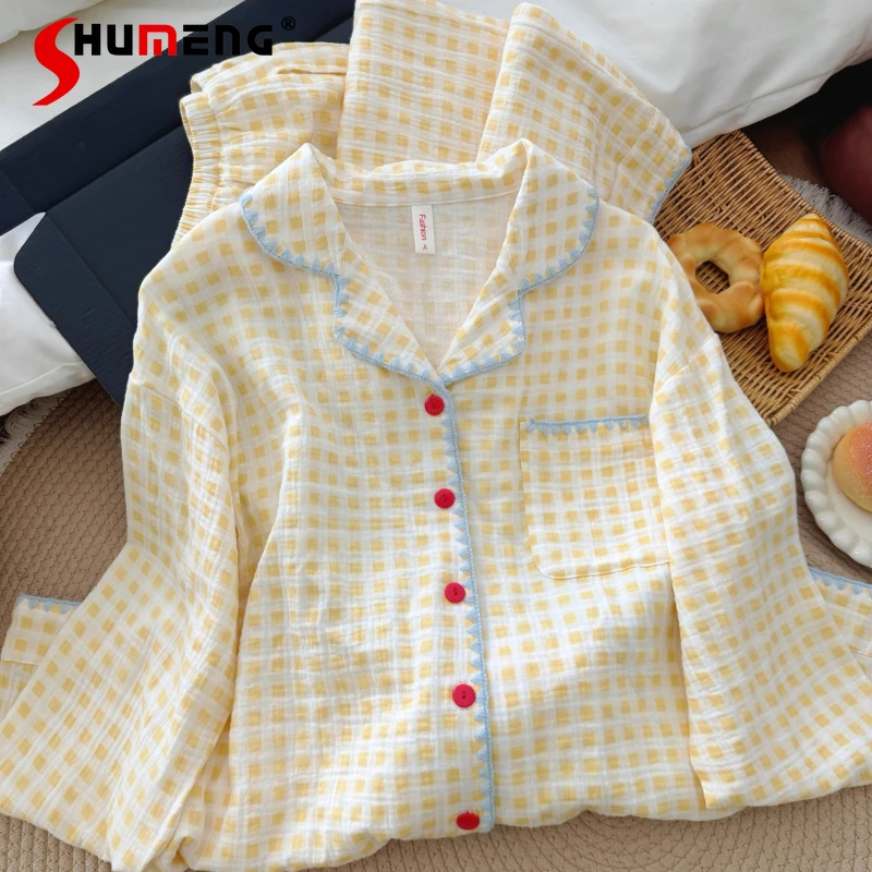 

Japanese Pure Cotton Pajamas Set for Women Autumn Wearable Sweet Plaid Print Loungewear Female Cotton Gauze Homewear Suit
