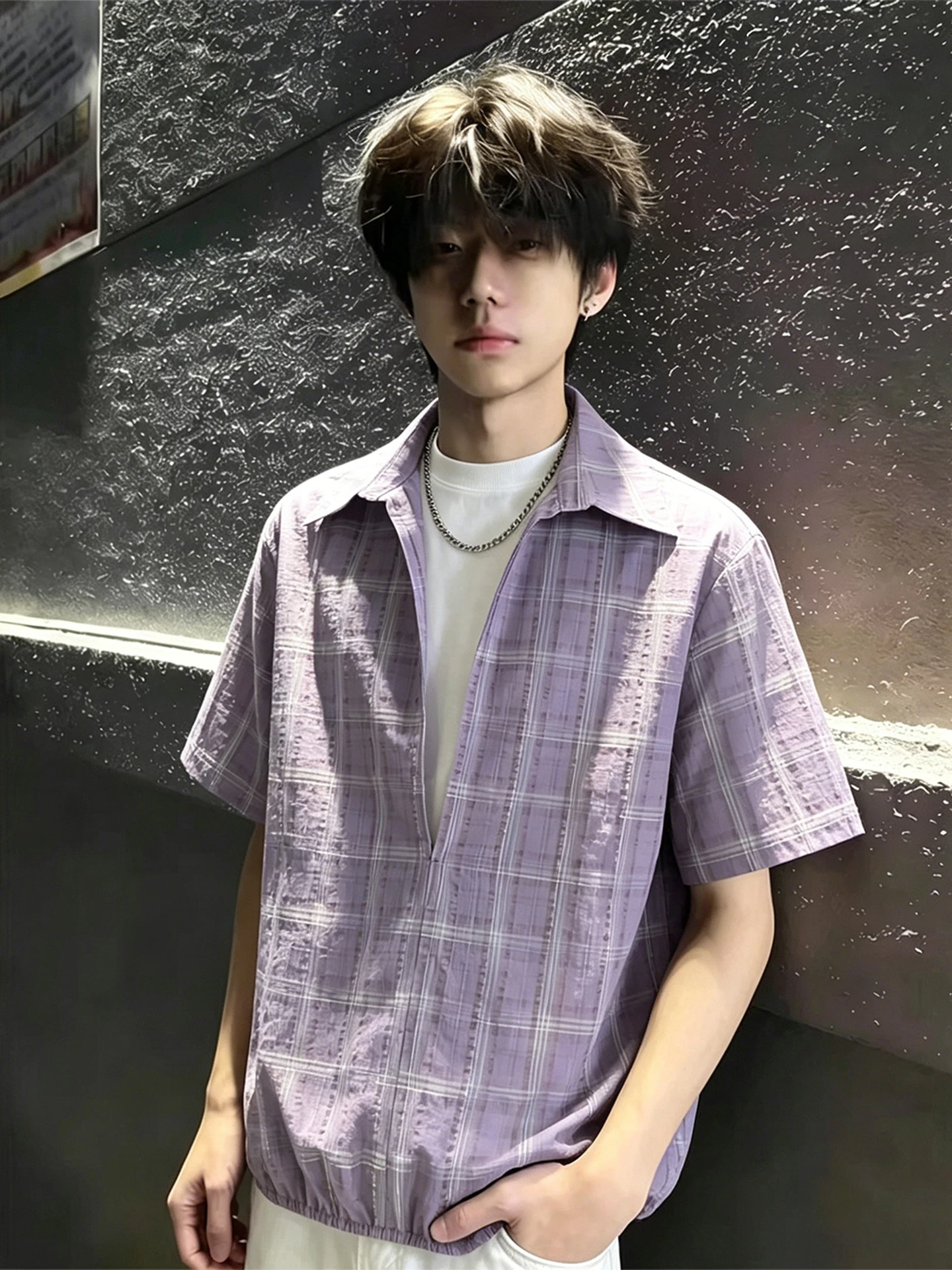 

American Style Short Sleeve Plaid Shirt Men Summer Thin Breathable Loose Fit Shirt High End Feeling Turn down Collar Half Sleeve
