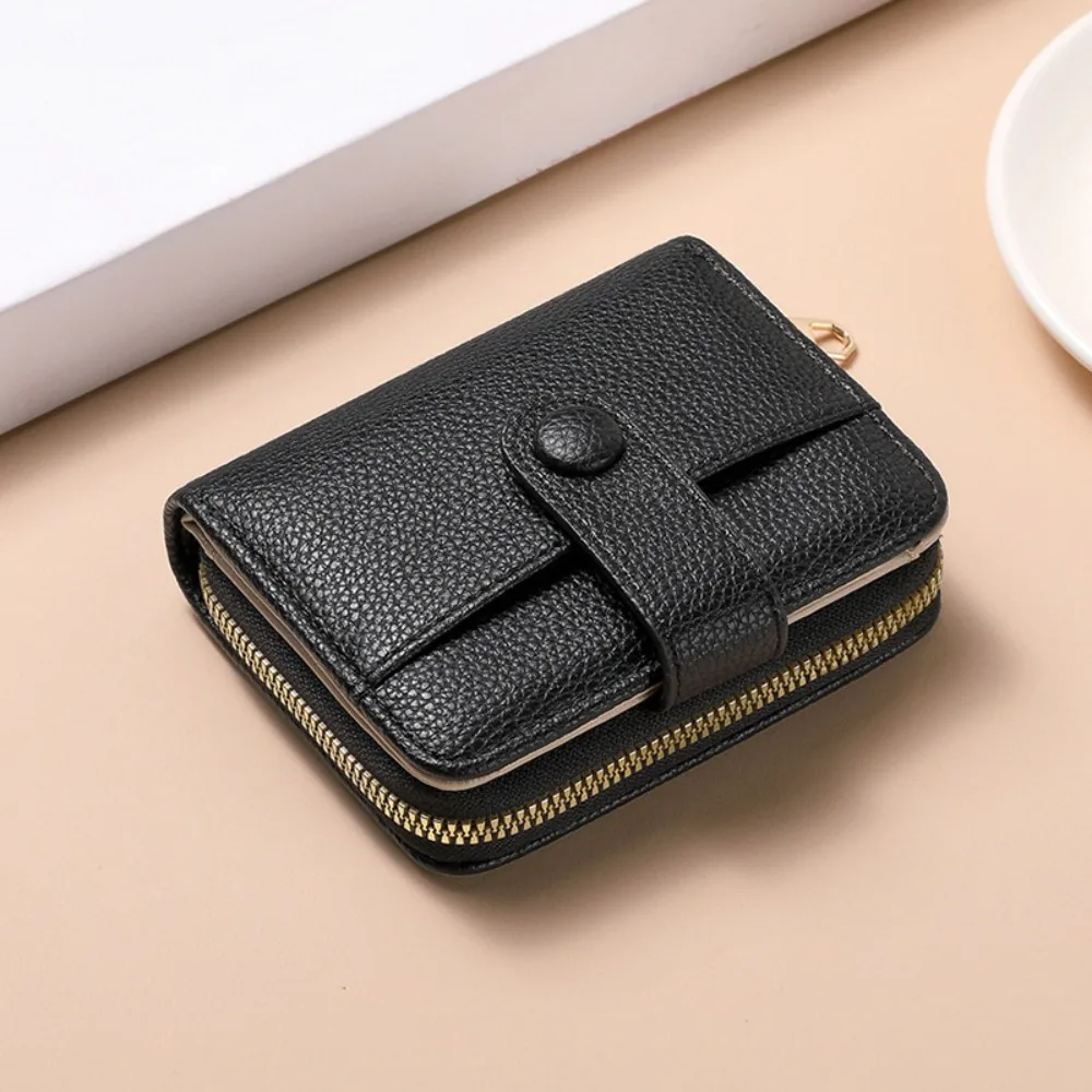 Fashion Elegant Women Short Wallet Pu Leather Zipper Business Purse Solid Color Lychee Pattern Bank/ID/Credit Card Holder Woman