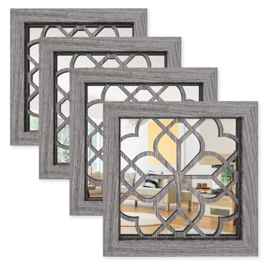 Set of 4 Boho Wall Mirrors with Carved Floral Design, 12x12 Inch Rustic Farmhouse Accent Mirrors, Vintage Style Shatterproof Sq