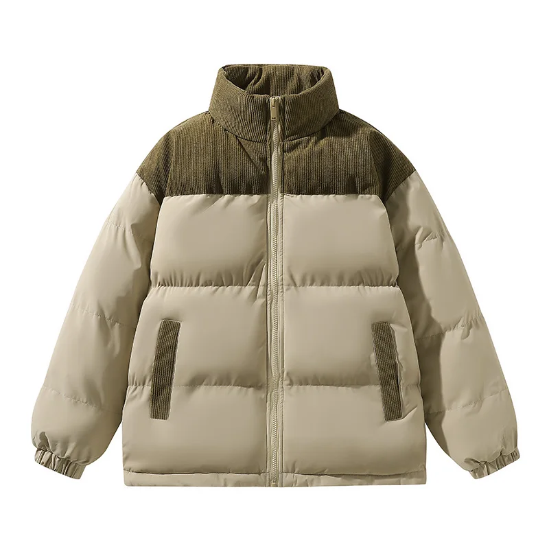 

Autumn and Winter Corduroy Patchwork Stand-Up Collar Cotton Jacket, Multi-Color Loose Puffer Jacket, Retro Color-Blocking Design, Warm and Cold-Resistant, Comfortable and Skin-Friendly, Unisex, Commuter Street Fashion Slim-Fit Cotton Coat