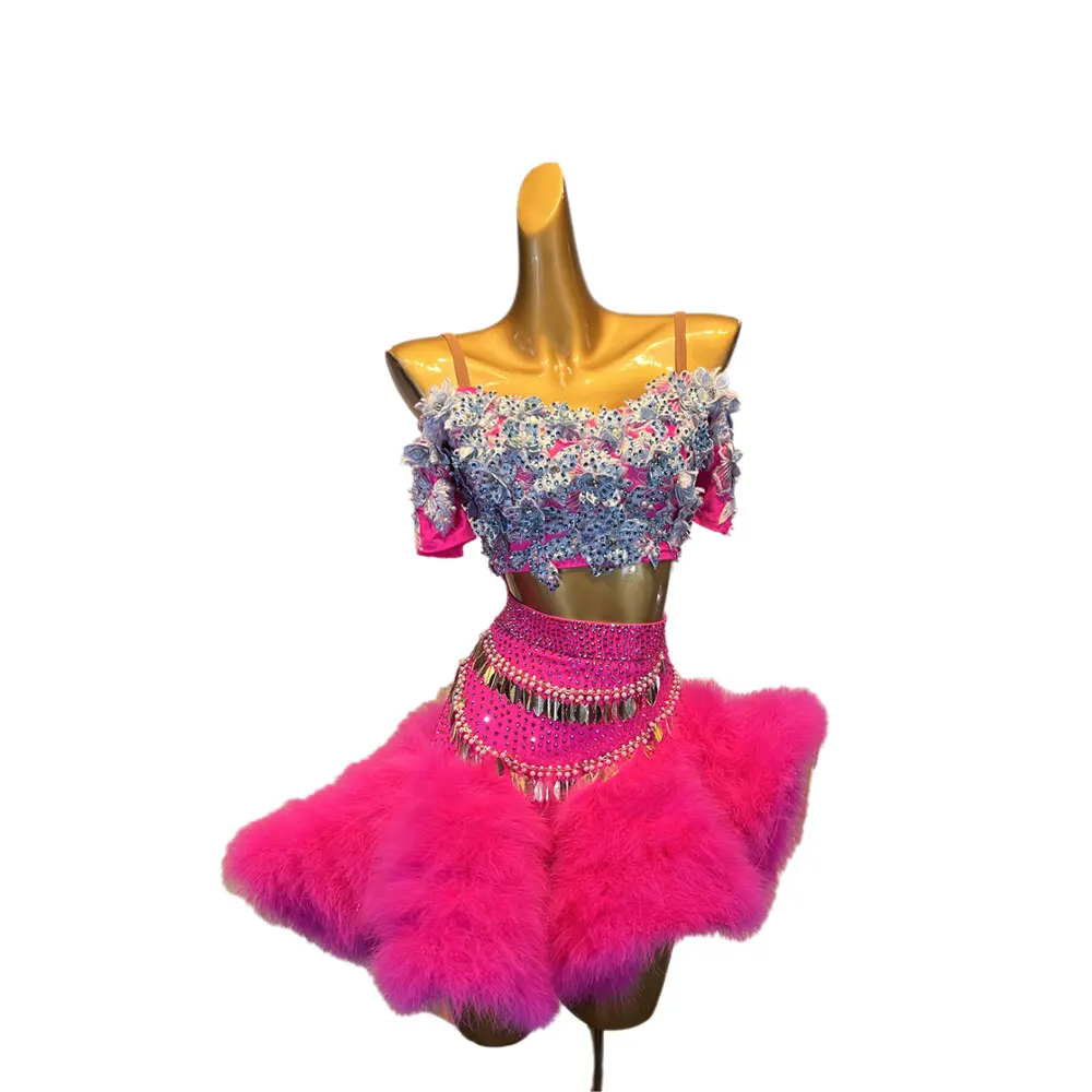 Latin dans volwassen kinderjurk strass high-end aangepaste bloem split pluche rok tango dameskleding