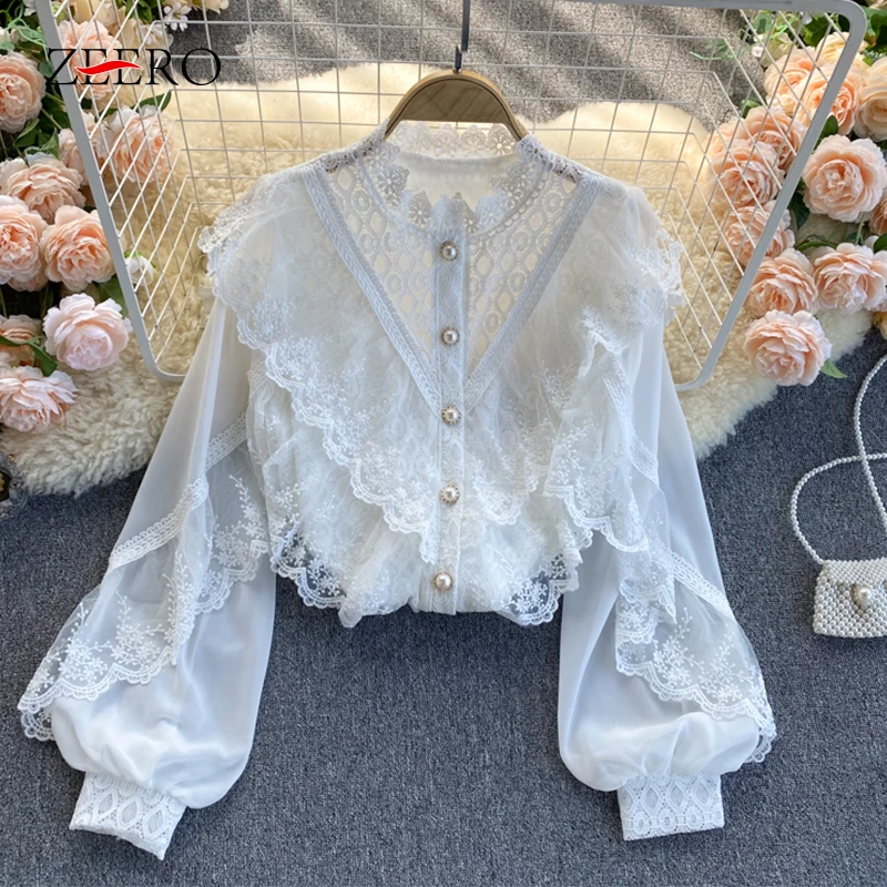 Spring Women Shirts Splicing Lace Embroidery Cascade Ruffle Blouses Pearl Stand-up Collar Lantern Sleeve Chiffon Button Up Shirt