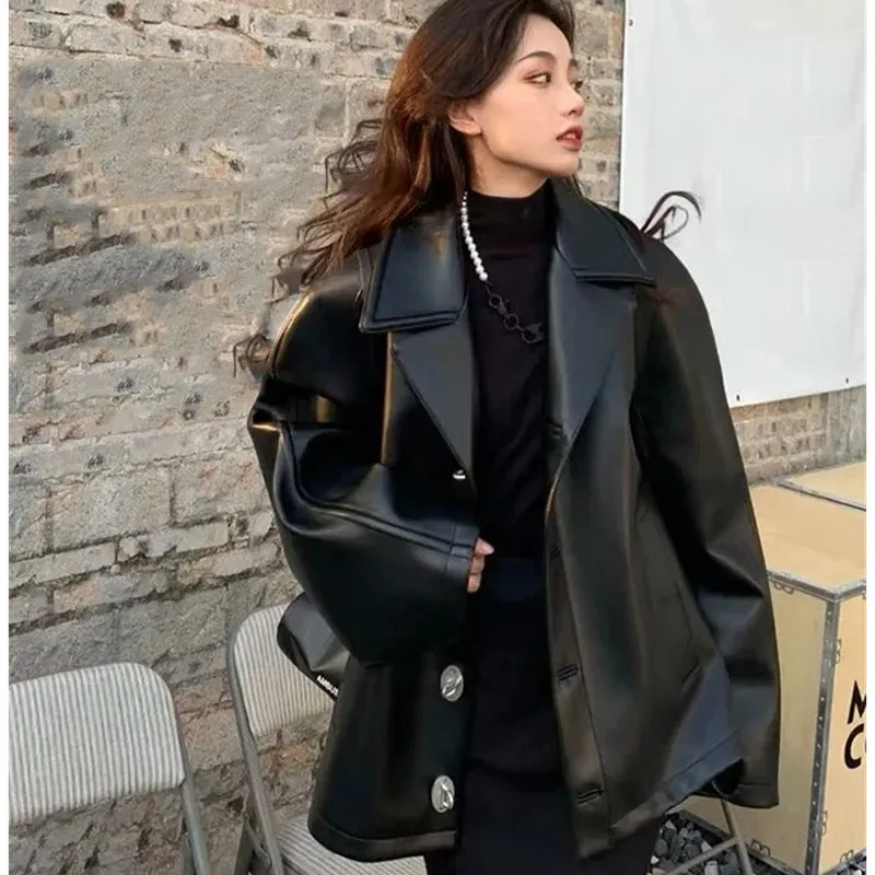 2025 Women Long Sleeves Leather Jacket Korean Lady Fashion PU Leather Outwear Spring Autumn Femme Solid Color Faux Leather Coat