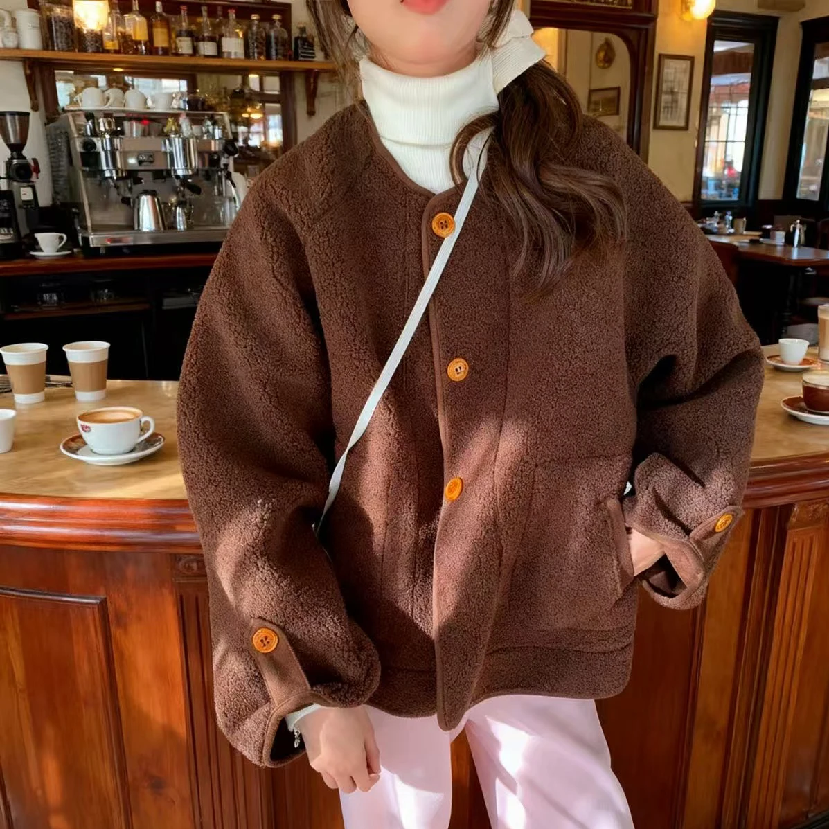 معطف نسائي للخريف والشتاء معطف أنيق من جلد البقر محاكاة كسول Sle دفء من الجلد والفراء طويل Sve بأزرار لأعلى