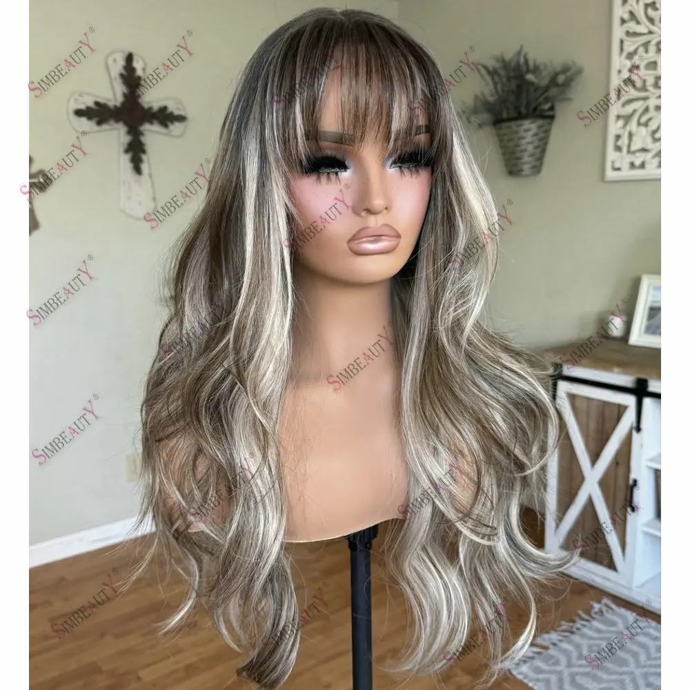 Light Browm Ash Blonde Hightlight Full Lace Wig Human Hair With Bangs Slightly Curly Ombre 13*6 Lace Frontal Wigs for Women