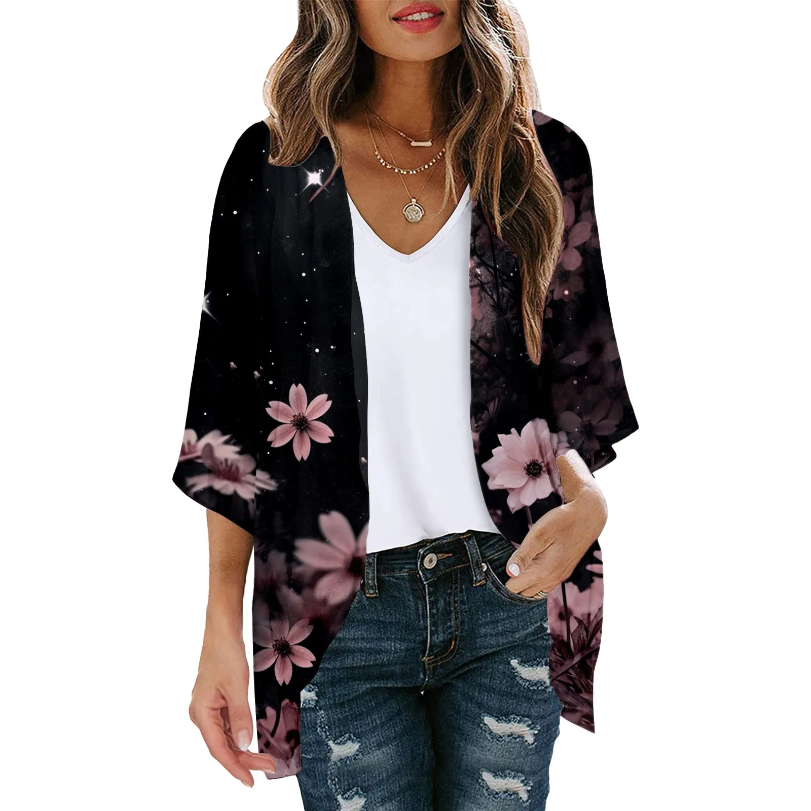 Womens Boho Printed Kimono Beach Cover Ups Summer Open Front Floral Loose Cardigan Shawl Capes Thin Jumper Tops Holiday Wear