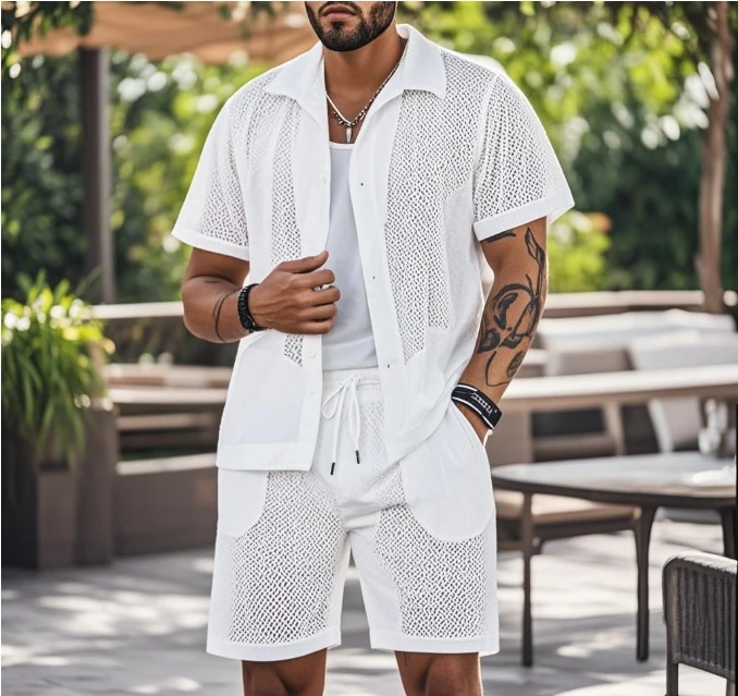 

Ice Sports Suit, Mesh Breathable Casual Suit, Lapel Short Sleeved Quick Drying Shorts Two-piece Set, Men's Fitness Suit