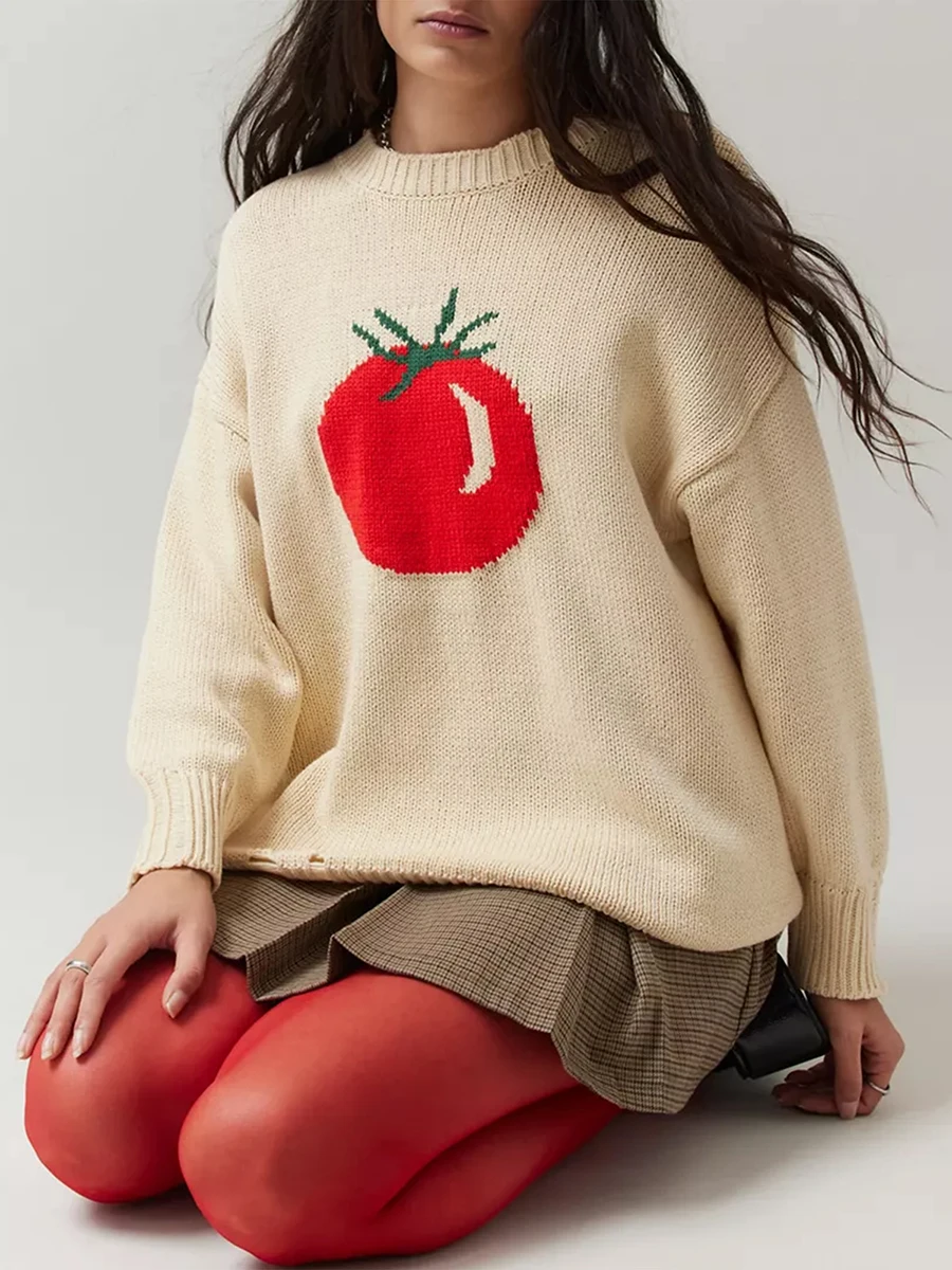 Women\'s Crochet Knitted Sweaters Y2k Vintage Tomato Graphic Hollow Hole Long Sleeve Round Neck Loose Tops 2024 Autumn New