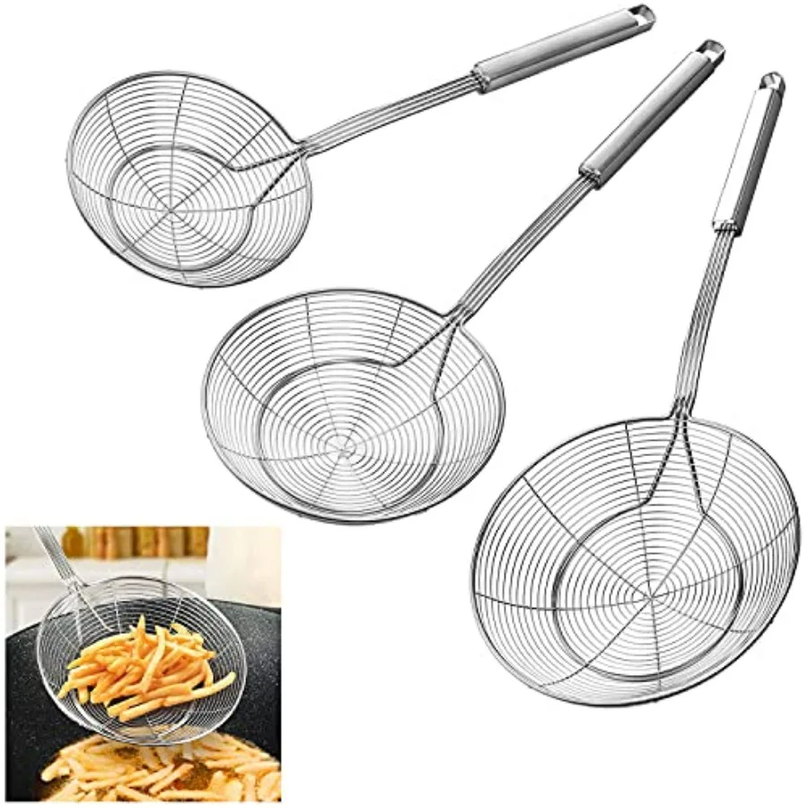 

Stainless Steel Spider Strainer Skimmer Spoon For Frying and Cooking - Set of 3 Solid Wire Asian Strainer Ladle Pasta Strainer