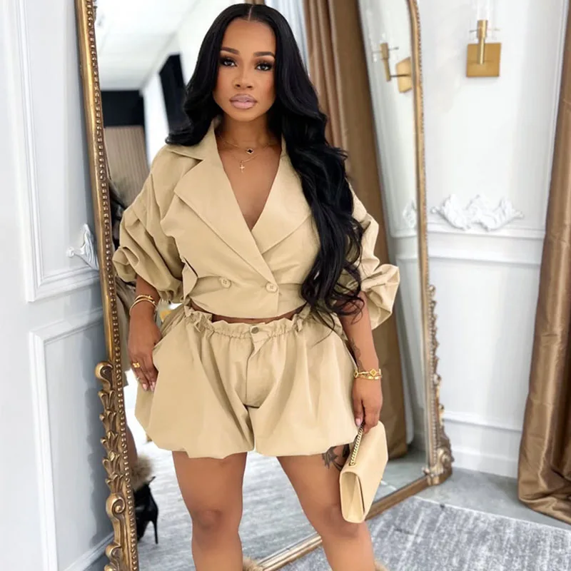 

Doyerl Streetwear 2 Piece Set for Woman Clothing Club Party Notched Collar Double-breasted Jacket Coat and Shorts Sets Ensemble