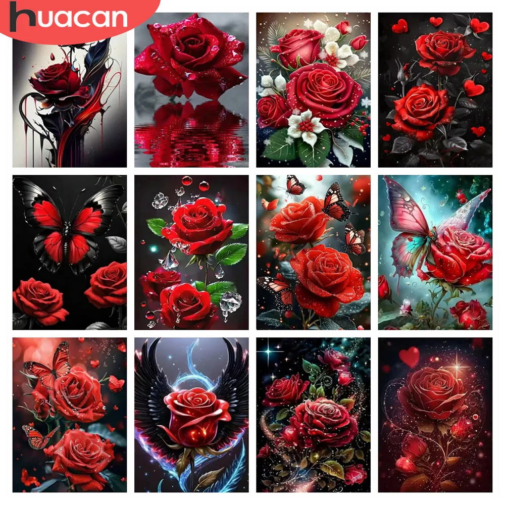 HUACAN Diamant-Gemälde, komplettes Set, Rose, rote Blume, komplett, quadratisch, rund, Diamant-Mosaik, Blumen-Schmetterling, Bilder, Strasssteine