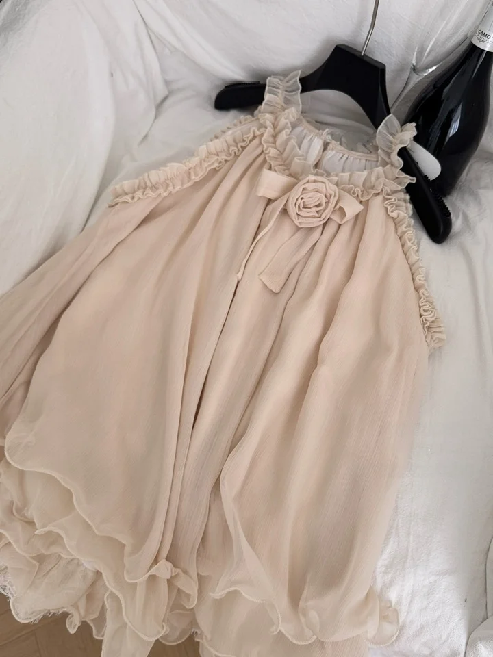 Vestido f com enfeites florais, ombro de fora, verão, camadas de tule, floco de neve, estilo coreano, cintura alta, ve...