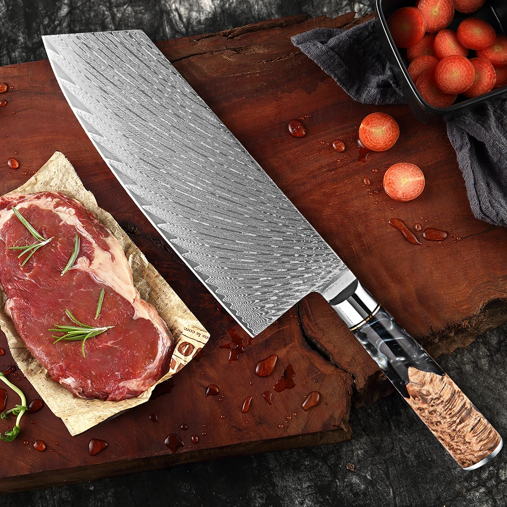 

Higher Quality Chinese Kitchen Knife 7 Inch Professional Cleaver Knife Damascus Steel Blade Sharp Vegetable Knife Resin Handle