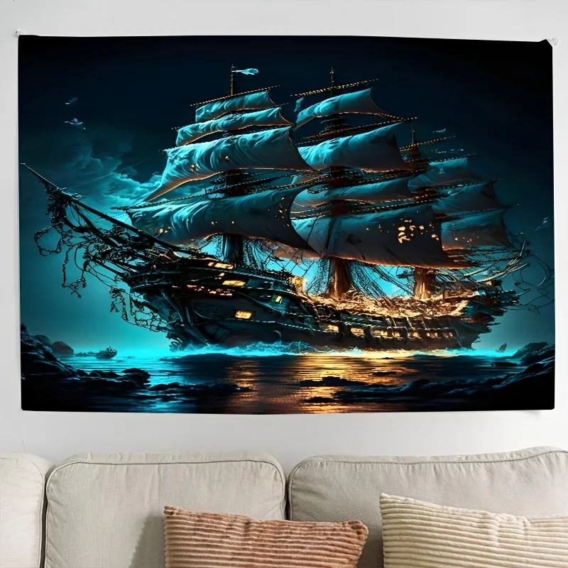 Ghost Pirate Ship Tapestry Wall Hanging, Glowing Old Sailing Ship Ocean Fantasy Art for Living Room Sofa Background Wall Decor