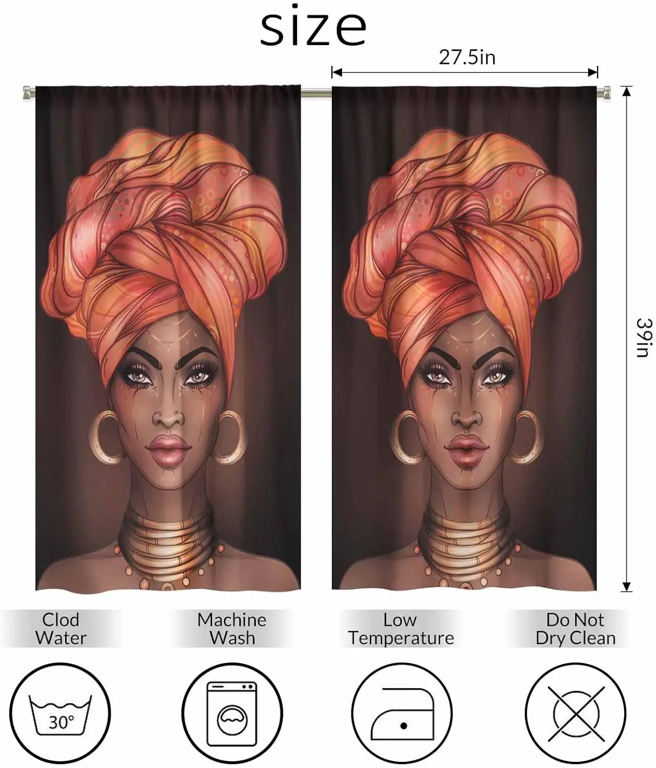 Black Woman Kitchen Curtains Pretty Girl with Glossy Lips and Turban Beauty Face Short Tier Curtains for Bathroom Cafe Small