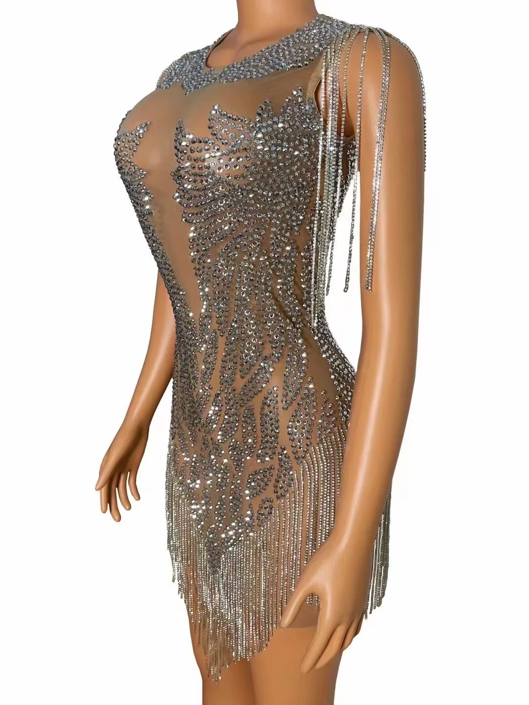 Nude Perspective Sleeveless Shining Rhinestones Tassel Sexy Sheath Dress For Women Nightclub Party Clothing Singer Stage Costume