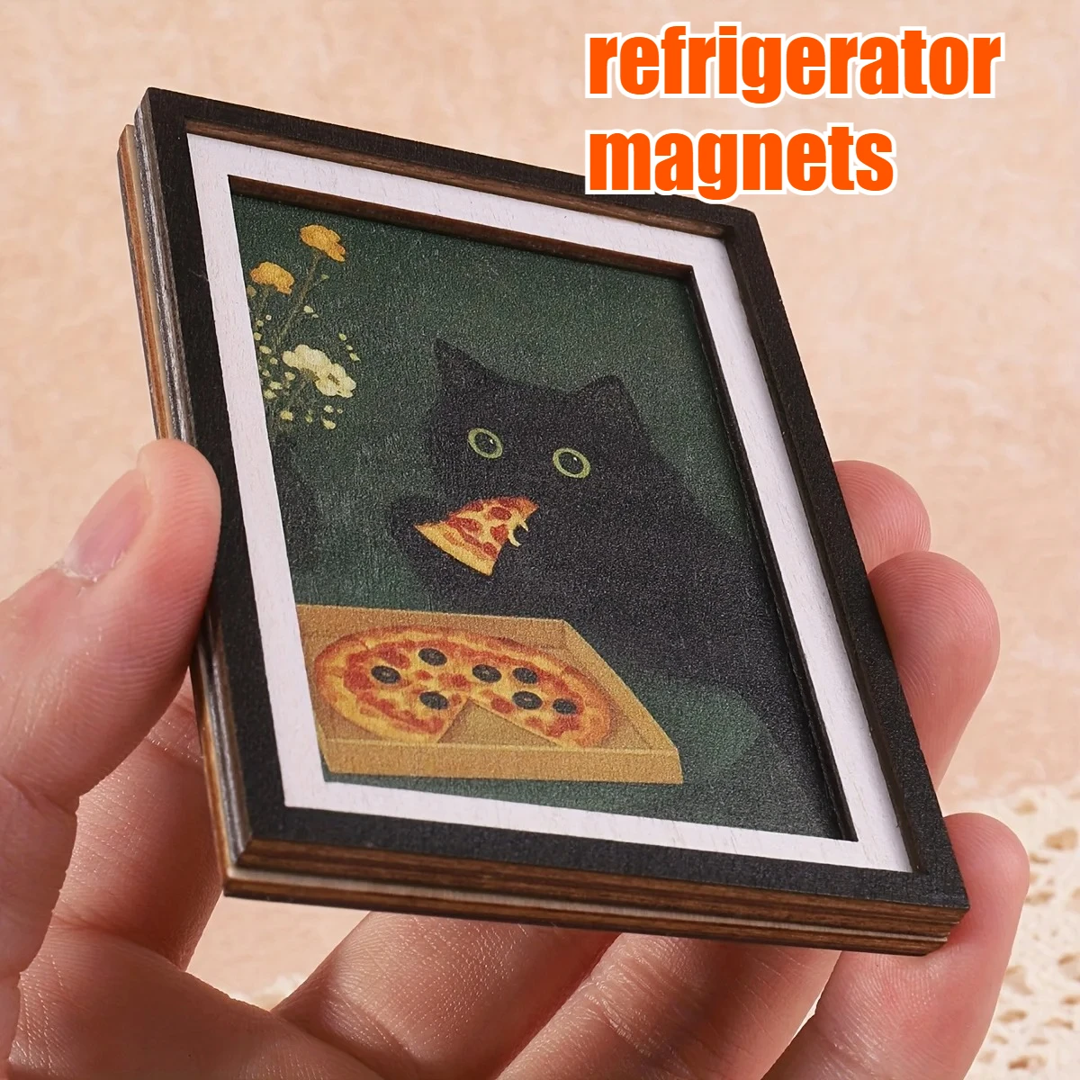 Exquisite Mini 3-Layer Photo Frame Fridge Magnet, Black Cat & Pizza Pattern, Fun Home Decor, Unique Exquisite Holiday Gift
