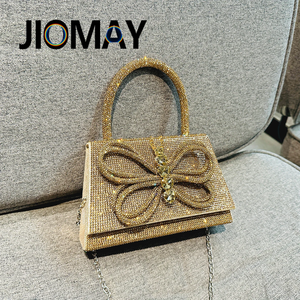 JIOMAY Golden Rhinestone Evening Bags Luxury Designer Handbags For Party With Long Chains Exquisite Butterfly Purses for Women