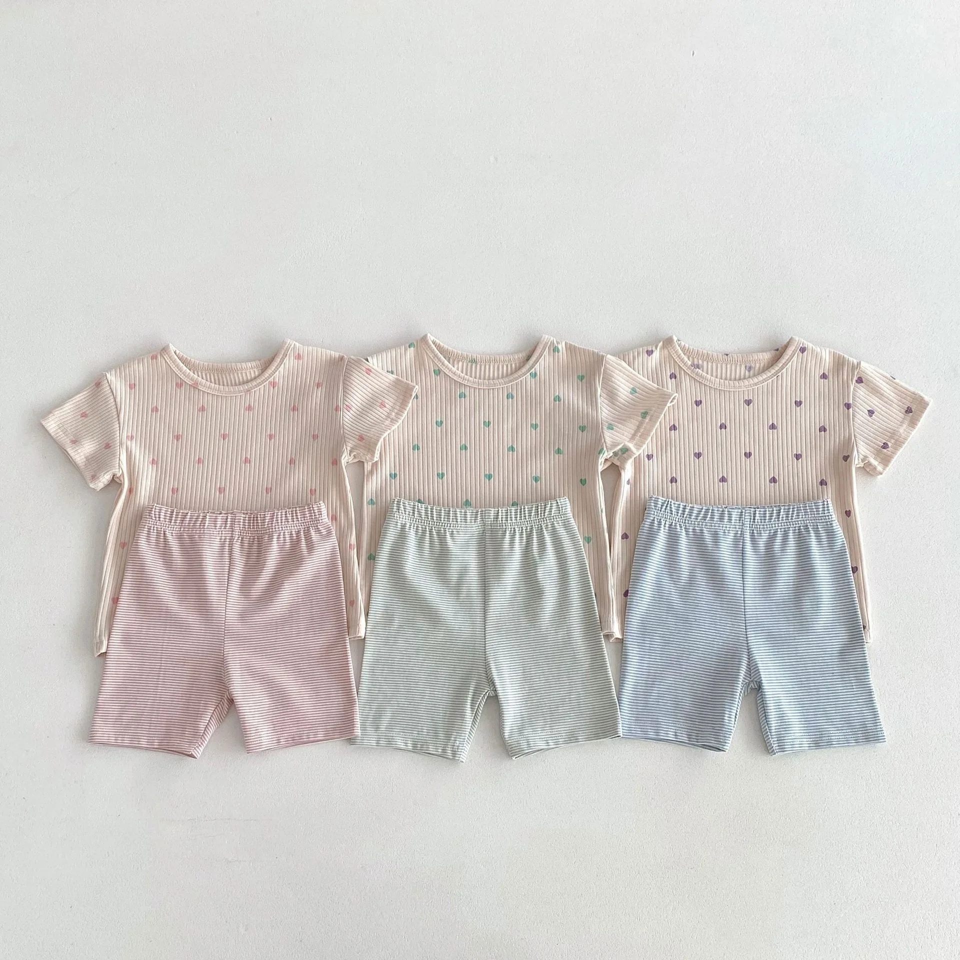 

2024 New Baby Summer Short Sleeve Clothes Set Infant Girl Cute Heart Print T Shirts + Shorts 2pcs Suit Toddler Cotton Outfits