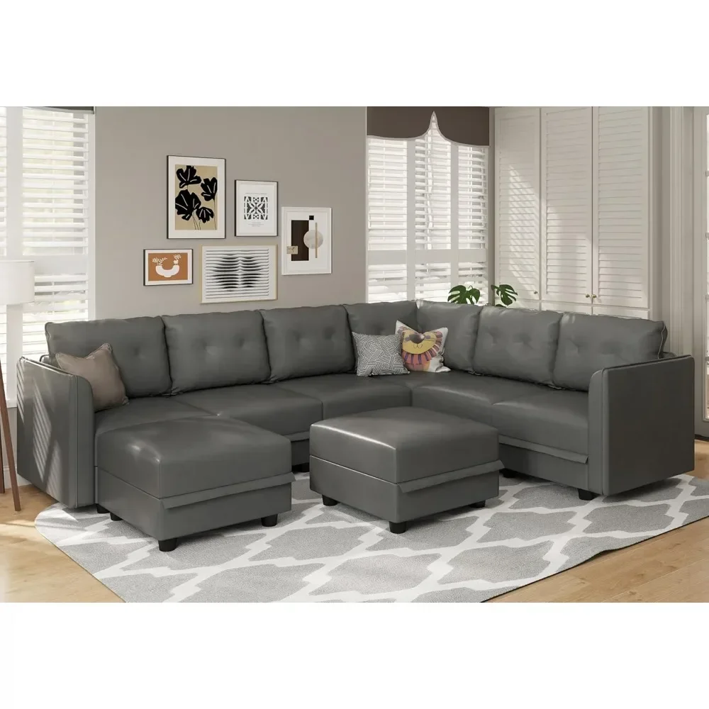 l Modular Sectional Sofa, Oversized U Shaped Sofa with Storage, Sectional Couch for Living Room, Faux Leather Fabric Wate