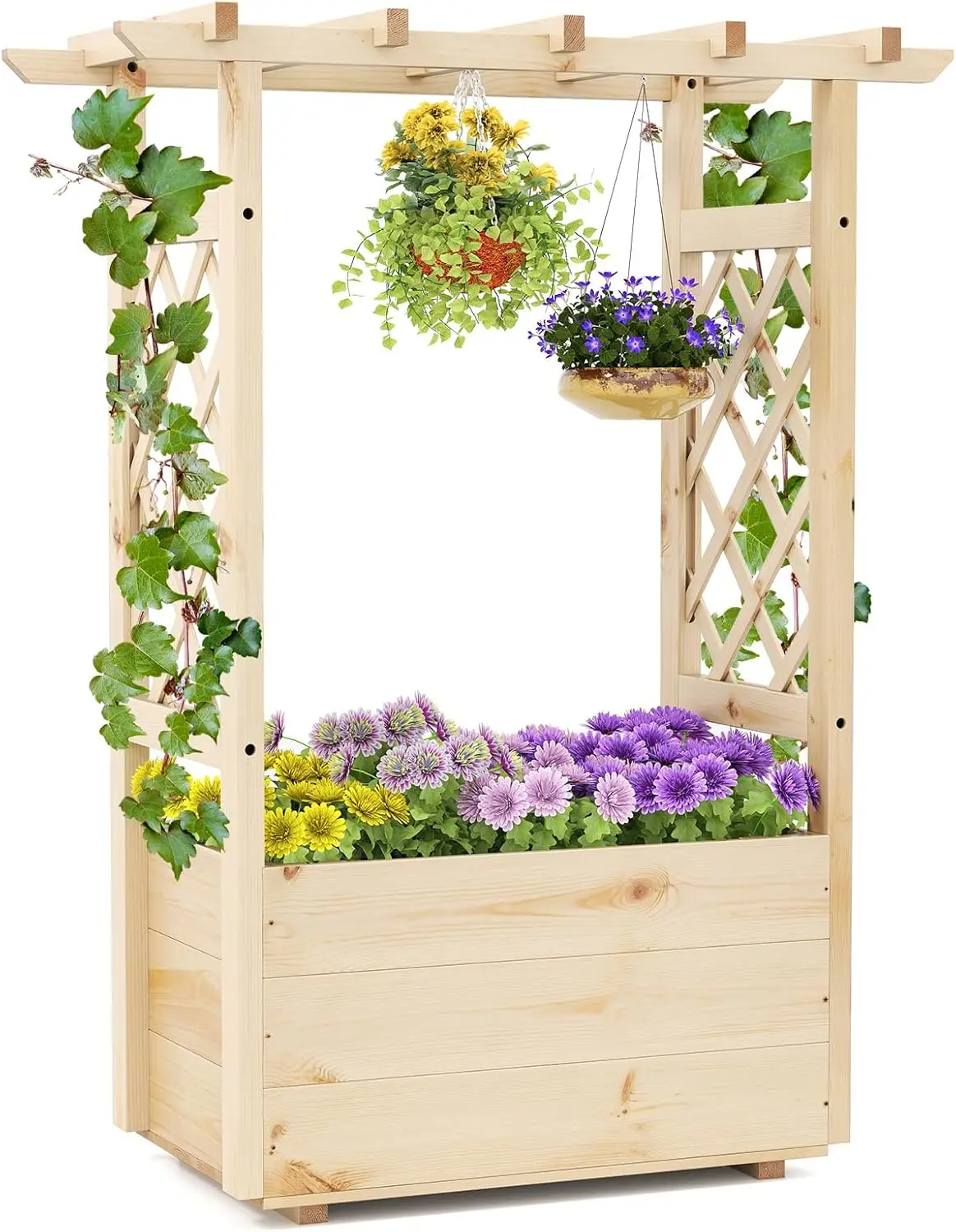 

Raised Garden Bed with Sided Trellis & Hanging Roof, Wood Planter Box, Freestanding Garden Planter Raised Bed for Flowers Herbs