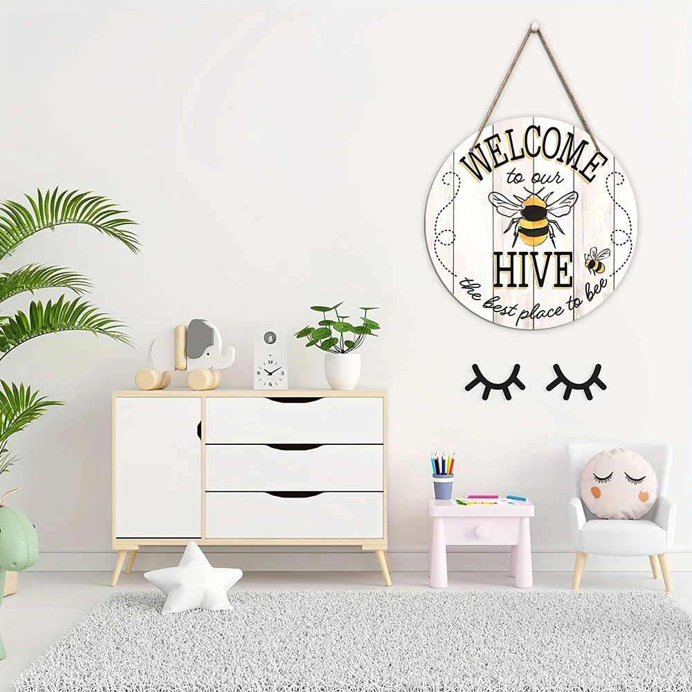 1Pc Bee Welcome To Our Hive Wood Hanging Sign For Home Garden Decor,Rustic Round Wooden Wall Hanging Plaque Sign For Outdoor Dec