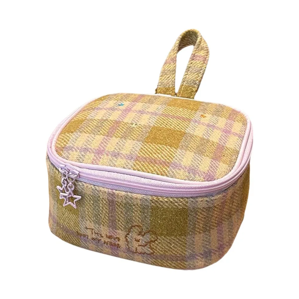 

Candy Color Plaid Cosmetic Bag Cartoon Puppy Embroidered Handbag Pouch for Make Up Kit Korean Style Large Capacity