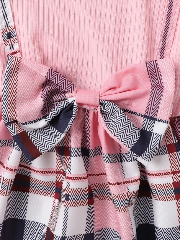 فستان منقوش باللون الوردي للفتيات الصغيرات: زي بدون أكمام مزين بفيونكة وأكمام مكشكشة #5