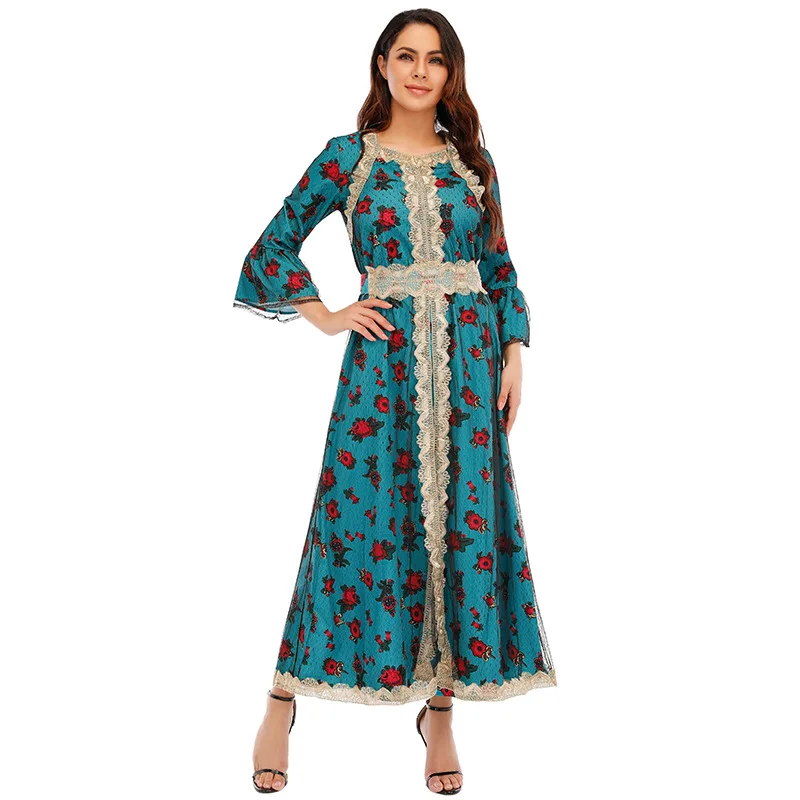 Muslim Fashion Abaya Dress Eid Malaysia Dubai  Muslim Women Printing Flower Fabric Classic Abaya Elegant Lace Dresses  Robe