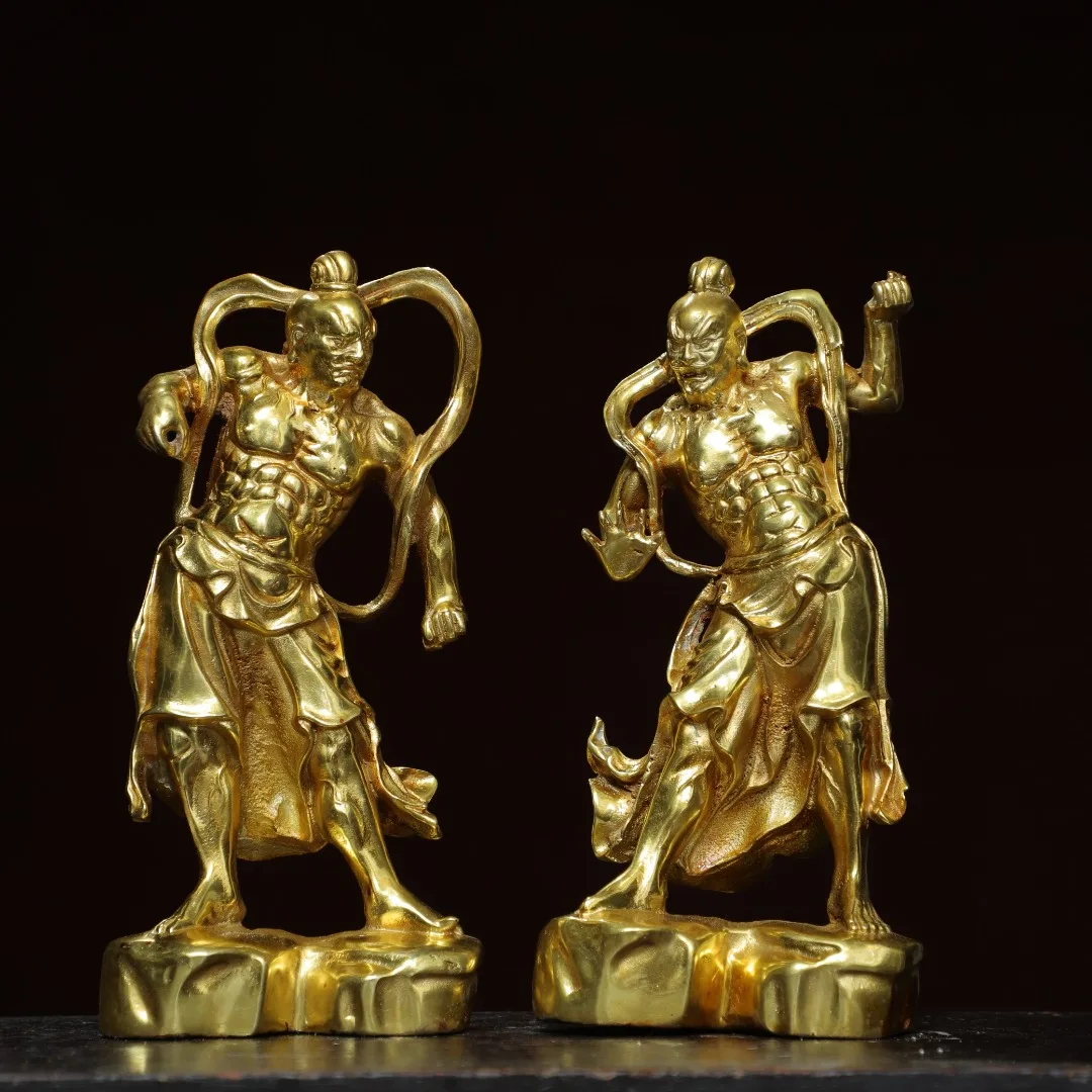 

8"Tibetan Temple Collection Old Bronze Gilded Cinnabar Humph Two Generals Door God Immortal Worship Hall Town house