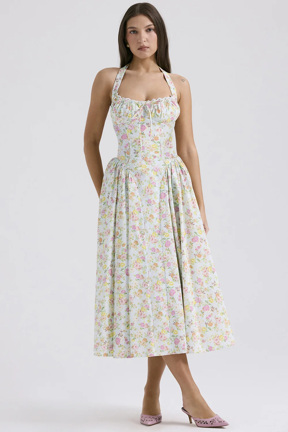 Vestidos de Cóctel Vintage con estampado Floral para mujer, vestidos de graduación sin mangas, Sexy, largo hasta el té, fiesta de noche, faldas de