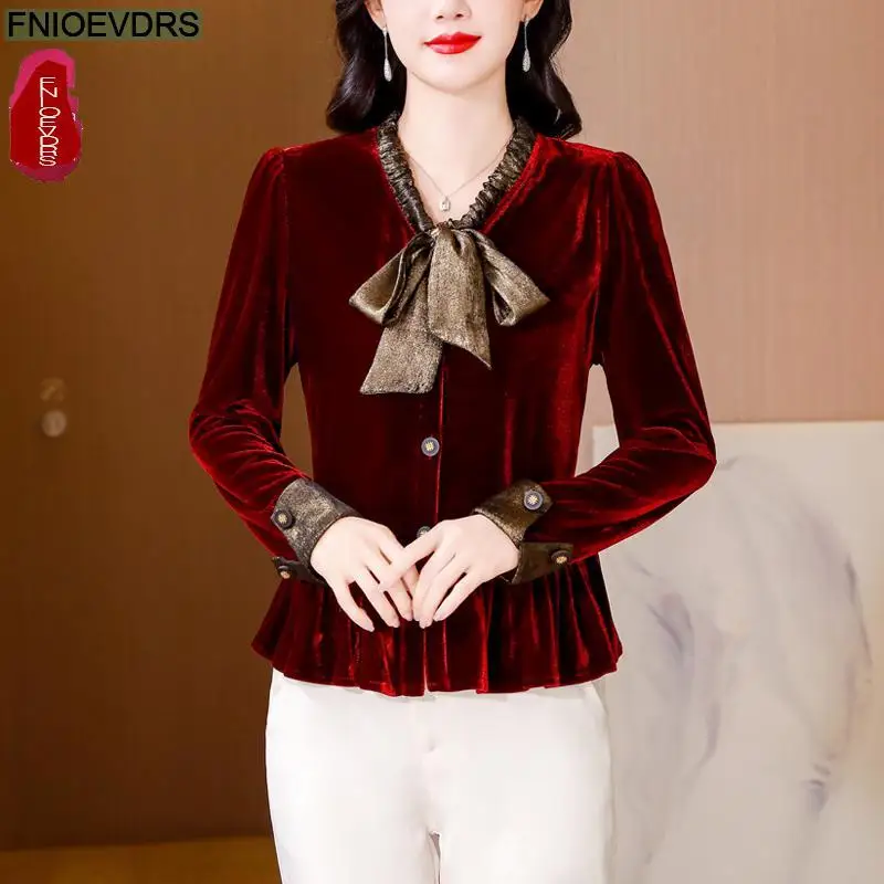 Loose Clothes Women 2024 Autumn Winter Elegant Office Lady Button Shirts Casual Retro Vintage Ruffles Bow Peplum Tops Blouses