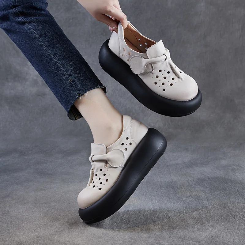 2025 Summer Hollowed Out Height Increasing Thick Soled Perforated Women's Shoes, Genuine Leather Women's Sandals
