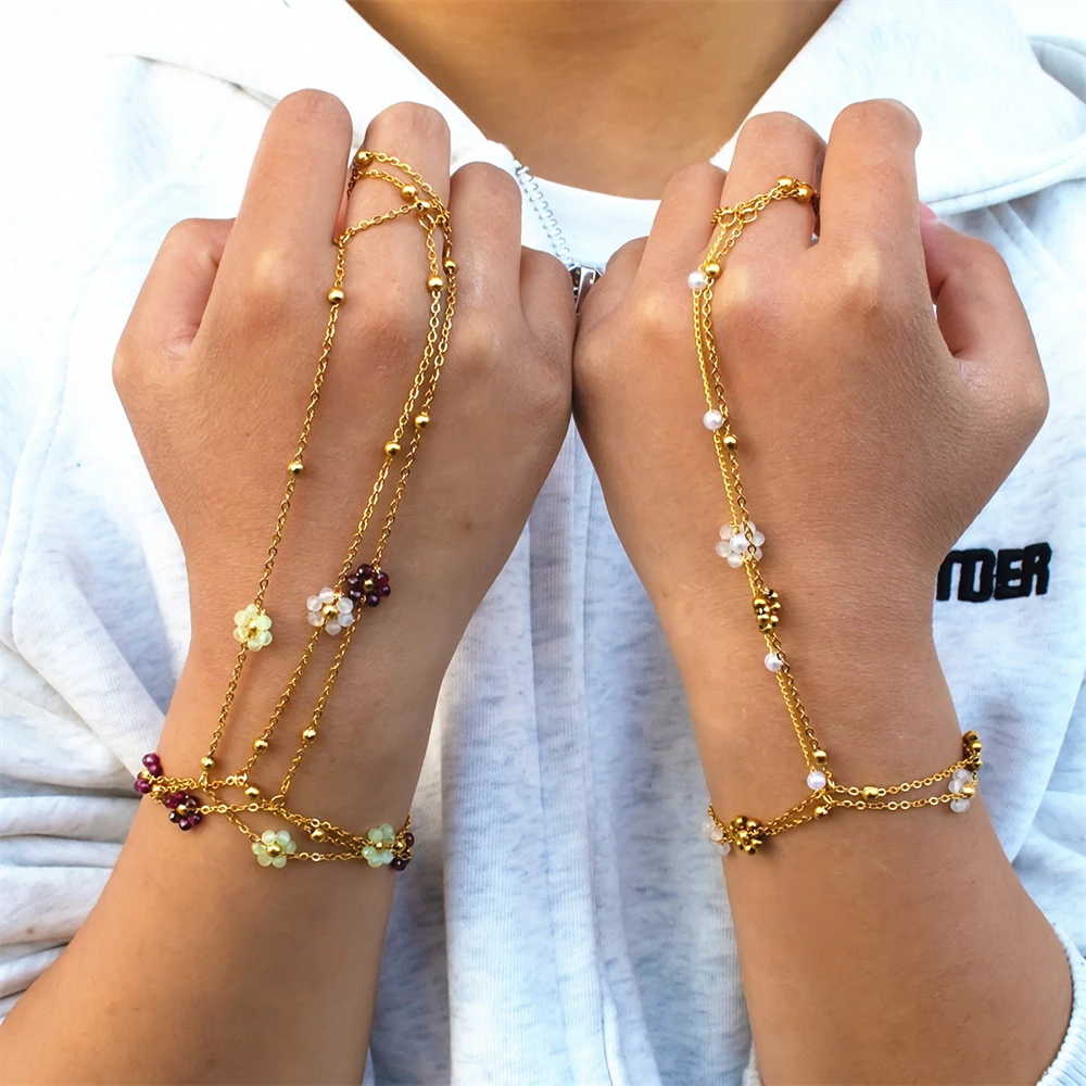 Stainless Steel Slave Beaded Hand Chain Bracelet Multicolor Flowers Finger Bracelets for Girlfriend Minimalist Jewelry Y2K