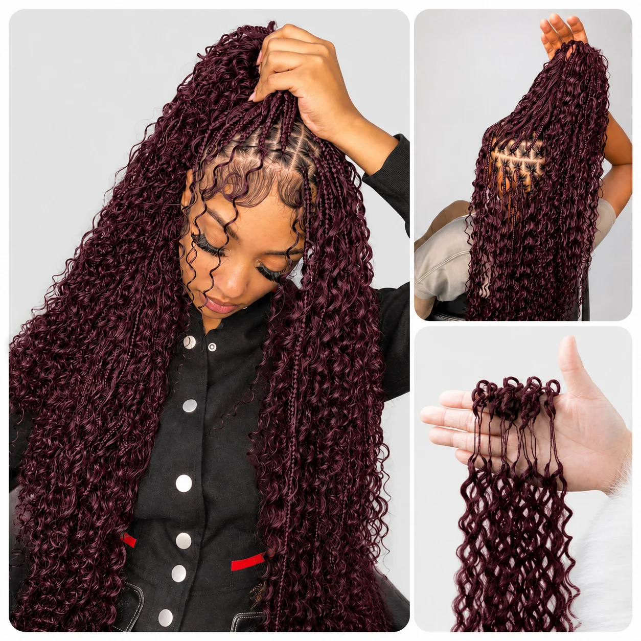 Extensions de cheveux bouclés crépus en crochet bordeaux avec nœuds miracle, tresses bohèmes naturelles et douces pour femmes