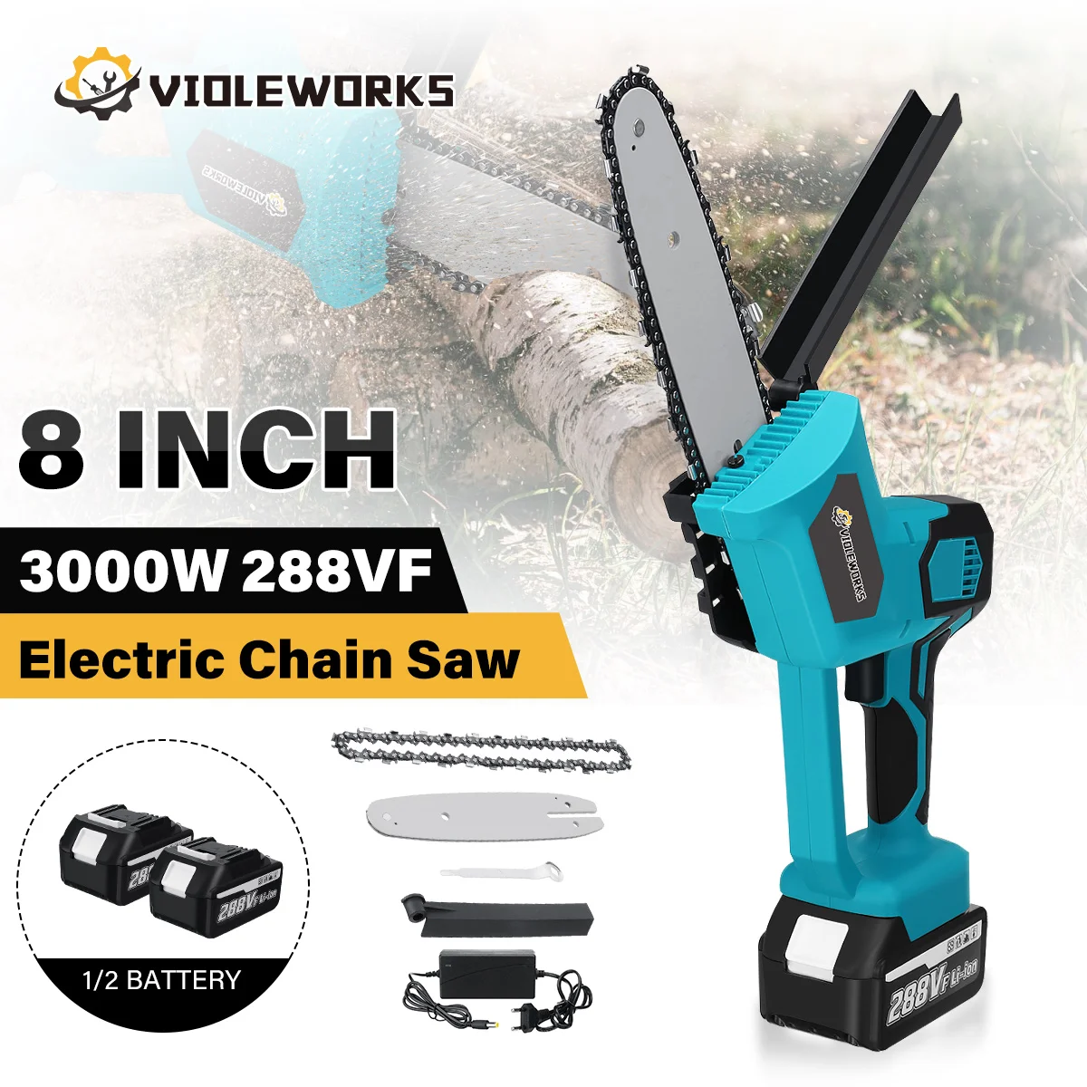 VIOLEWORKS 8 in Brushless Cordless Oil Electric Chain Saw Handheld Rechargeable Woodworking Cutting Tool For Makita 18V Battery