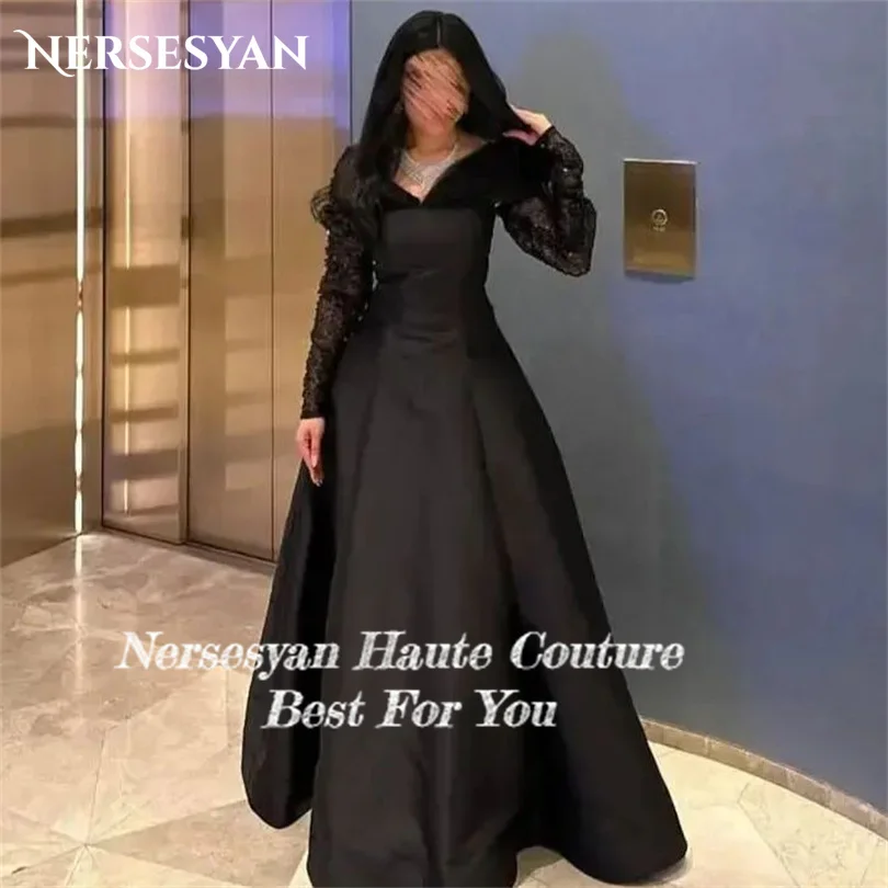 Nersesyan Fashion Black Satin Formal Evening Dresses Glitter Sequins Tulle Long Sleeves Party Dress Draped A Line Prom Gowns