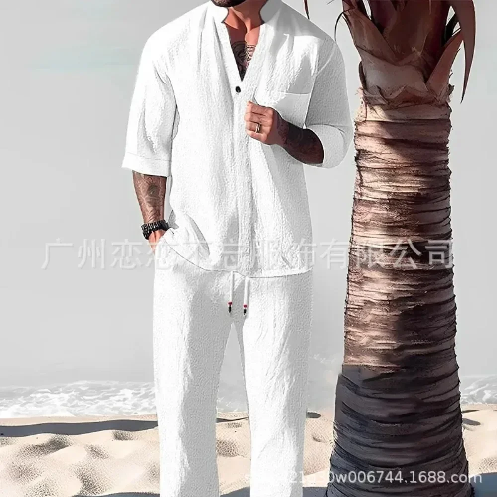 Two pieces in cotton and linen for men, casual,, loose, V-neck, half-sleeves, tops and pants, summer