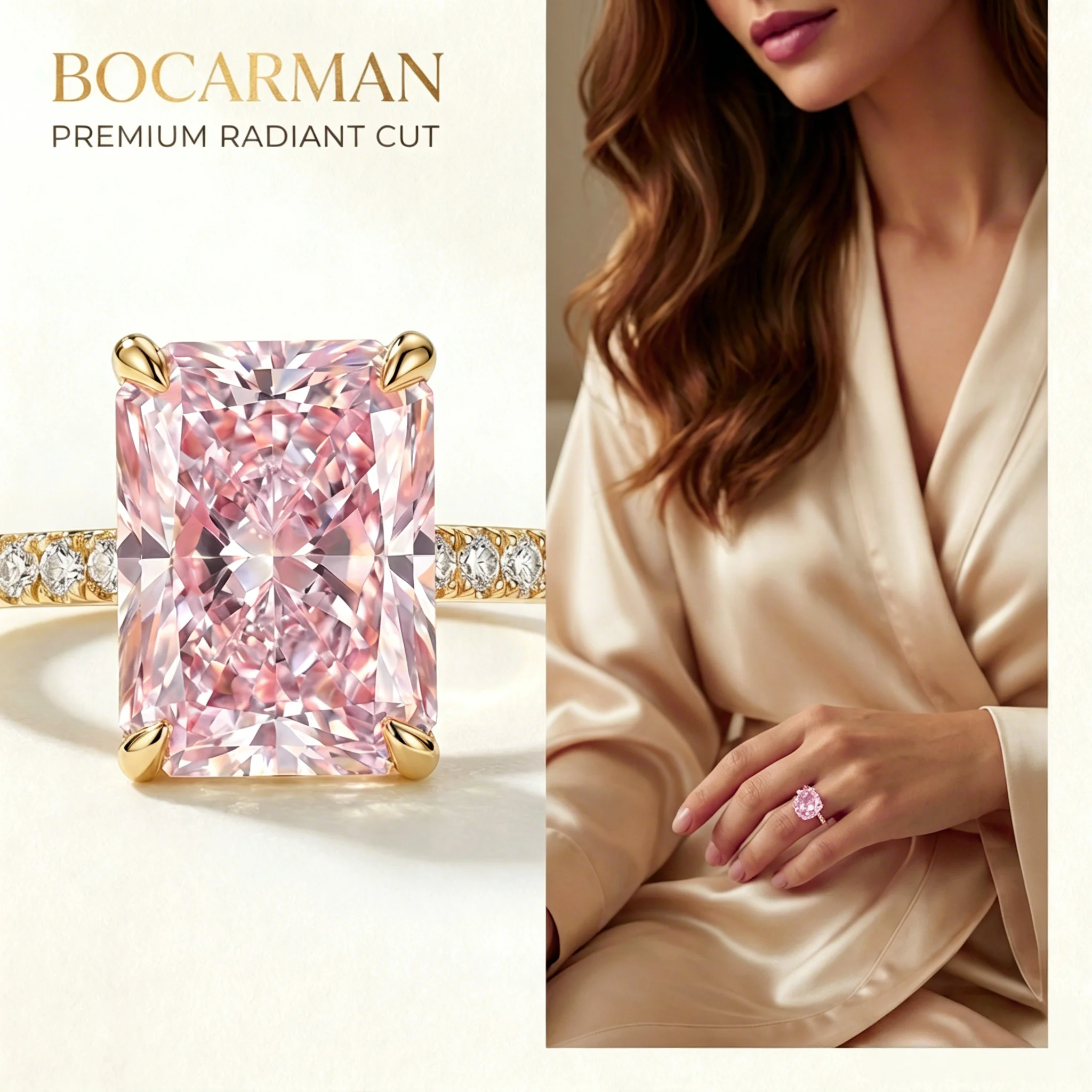 S925 Sterling Silver Plated Platinum and Golden Quality Pink Rectangular Zircon Sparkle Ice Cut Rings for Women Fine Jewellery