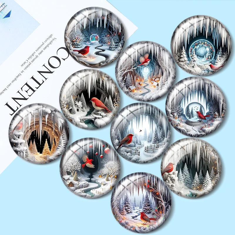 Winter Animals Christmas Bird 10pcs 12mm/18mm/20mm/25mm Round photo glass cabochon demo flat back Making findings