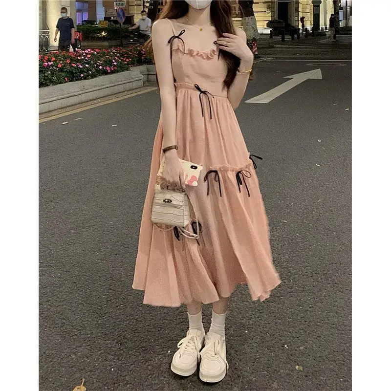 Women Summer 2023 New Style Slip Dress Bow Fashion French Design Sense Pure Desire Waist Long Skirt Lace Fairy Wind