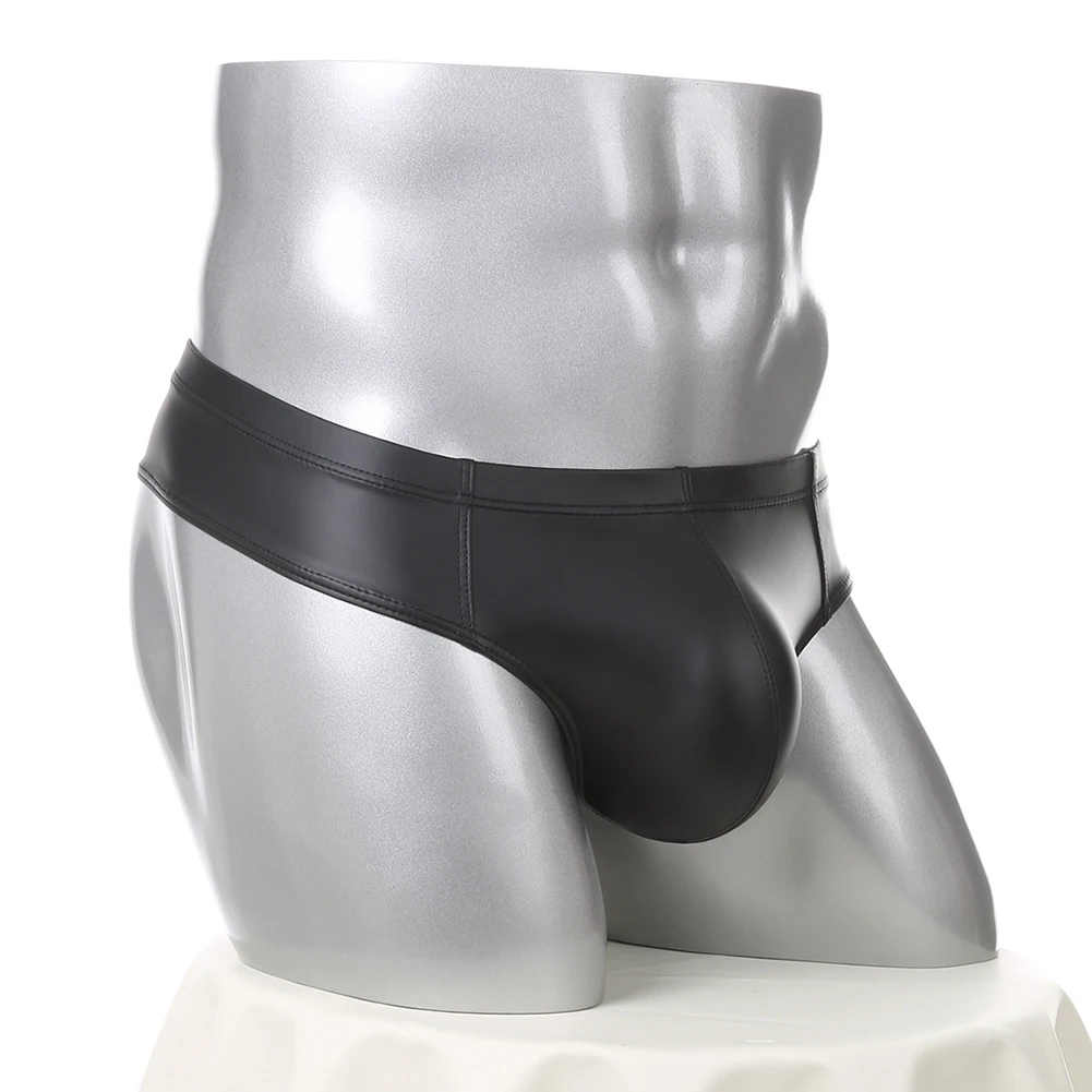 

Faux Leather Briefs Men Underwear Underpants Very Hot Lingerie Low Rise Bikini Metal Ring Decor Trunks Extreme Men's Panties