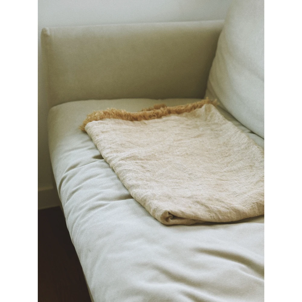 European Flax Certified Linen Hemp Woven Throw Blanket in Wheat Color