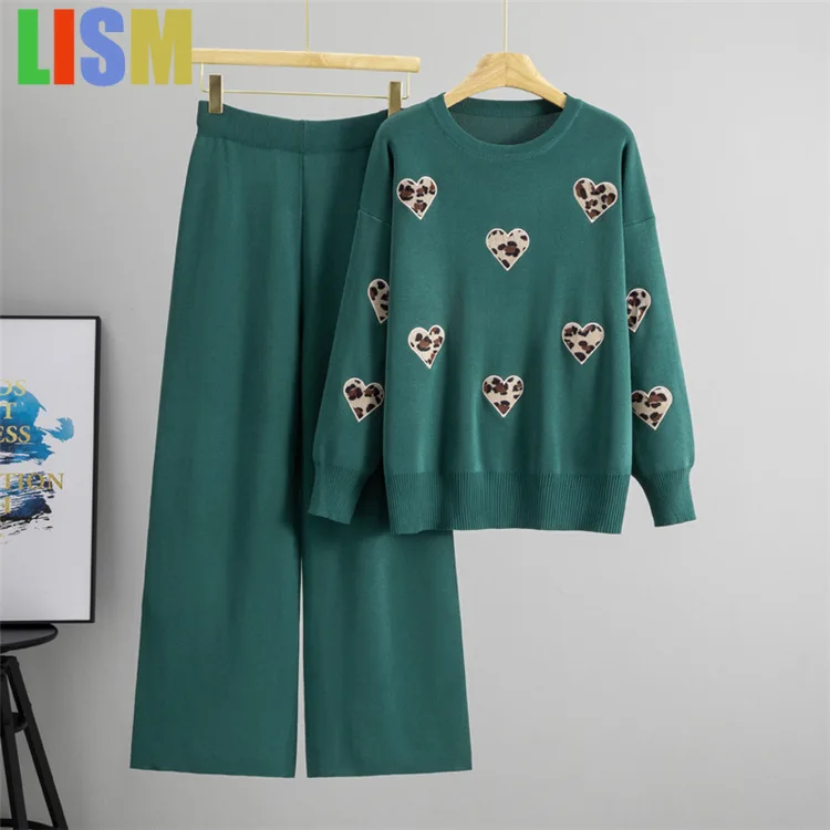 

LISM winter woman outfit Women Heart Print Sweater Tops High Waist Wide Leg Pants Outfit New Korean Design Knitted 2 Piece Sets