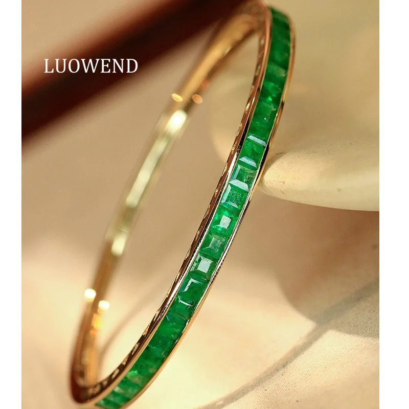LUOWEND 100% 18K Yellow Gold Bangle Luxury Classic Design 4.45carat Real Natural Emerald Bangle for Women High Party Jewelry
