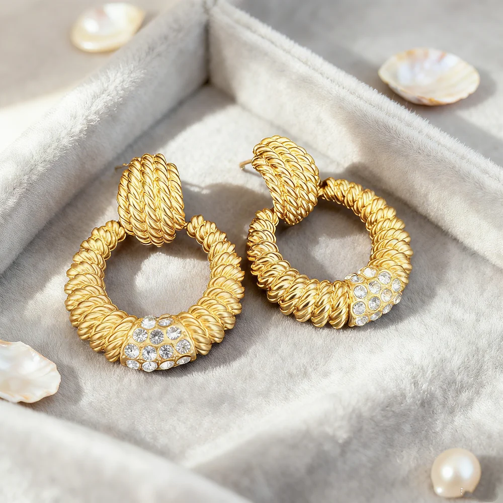 

Vintage Gold Plated Rope Twist Hoop Earrings with Rhinestones - Statement Jewelry for Women Retro Glam Party & Daily Wear