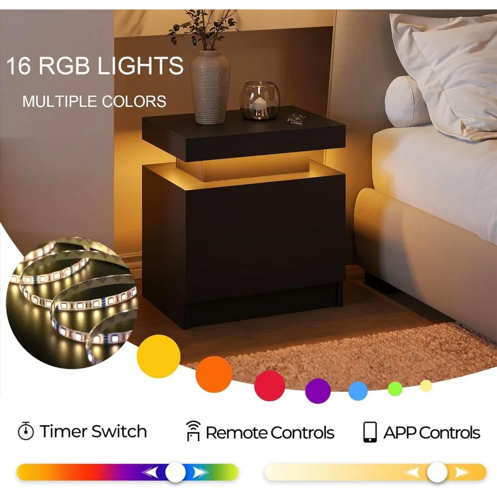 "طاولات ليلية معاصرة مزدوجة LED مع شرائط إضاءة متعددة الألوان وأدراج صامتة وتخزين كاره"