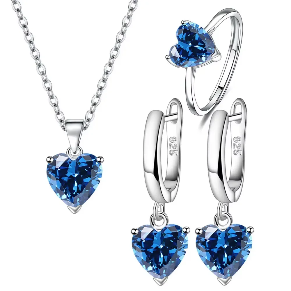 

Heart Zircon 925 Silver Jewelry Sets Elegant Women's Ring Earrings Necklace Wedding Bridal Engagement Accessories